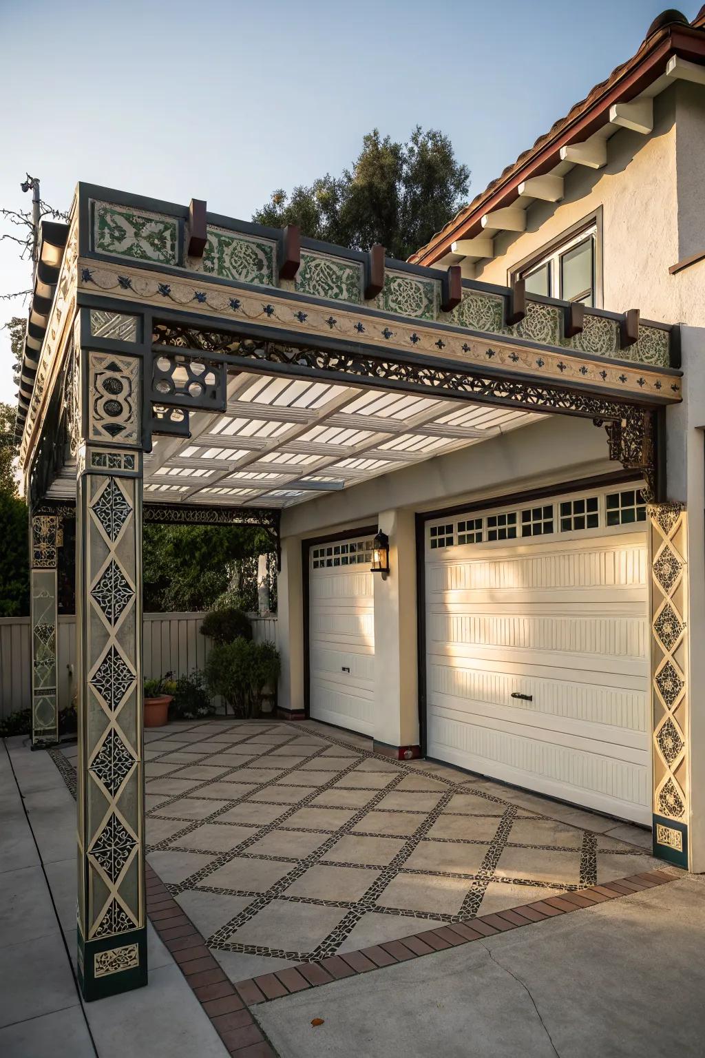 An Art Deco pergola adds luxury and sophistication.
