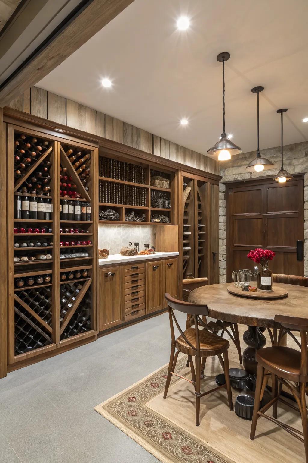 A refined wine cellar within a garage shed.