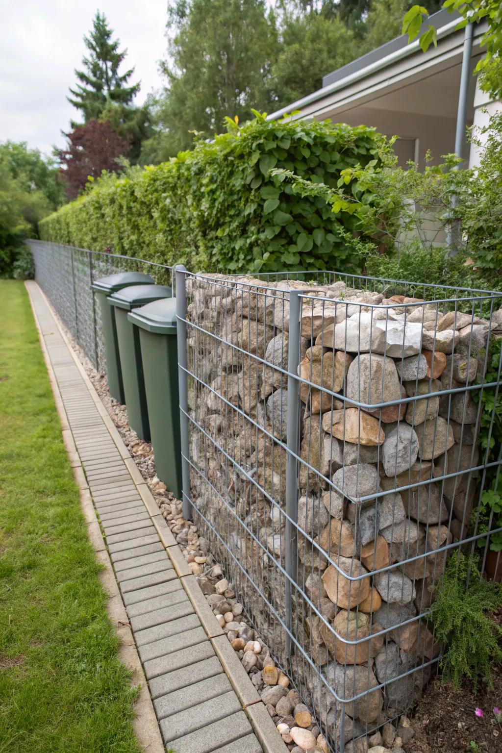 A gabion wall offers a modern, earthy enclosure for trash storage.