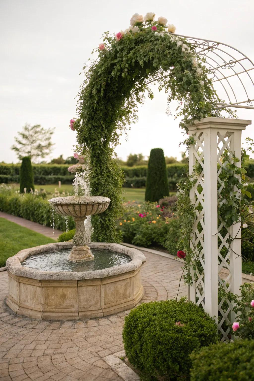 A garden arch complemented by a soothing water feature.
