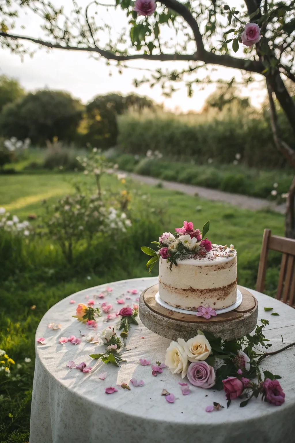 A partially iced cake with floral decor suits a garden party.