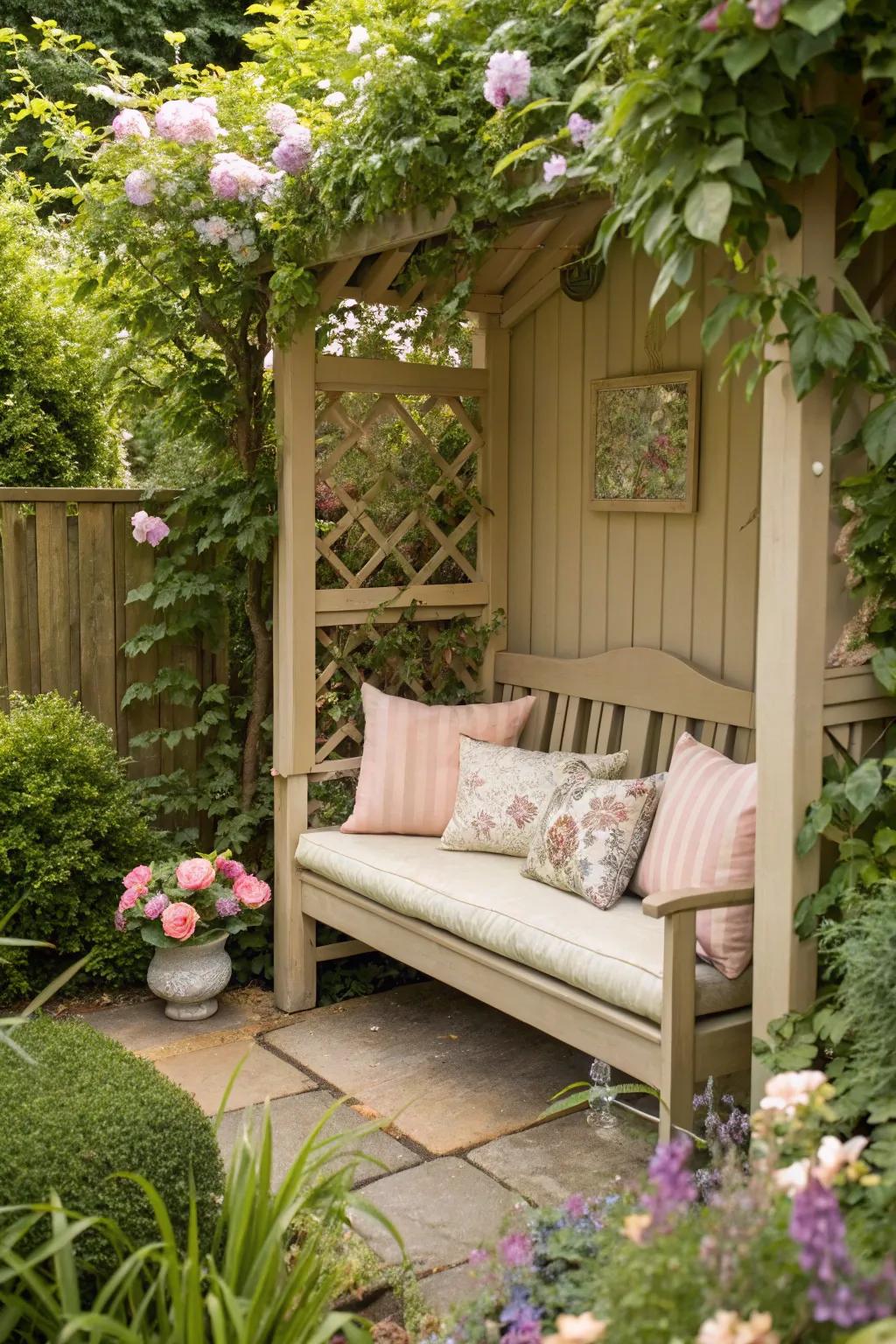 A tan bench creates a cozy and inviting garden nook.