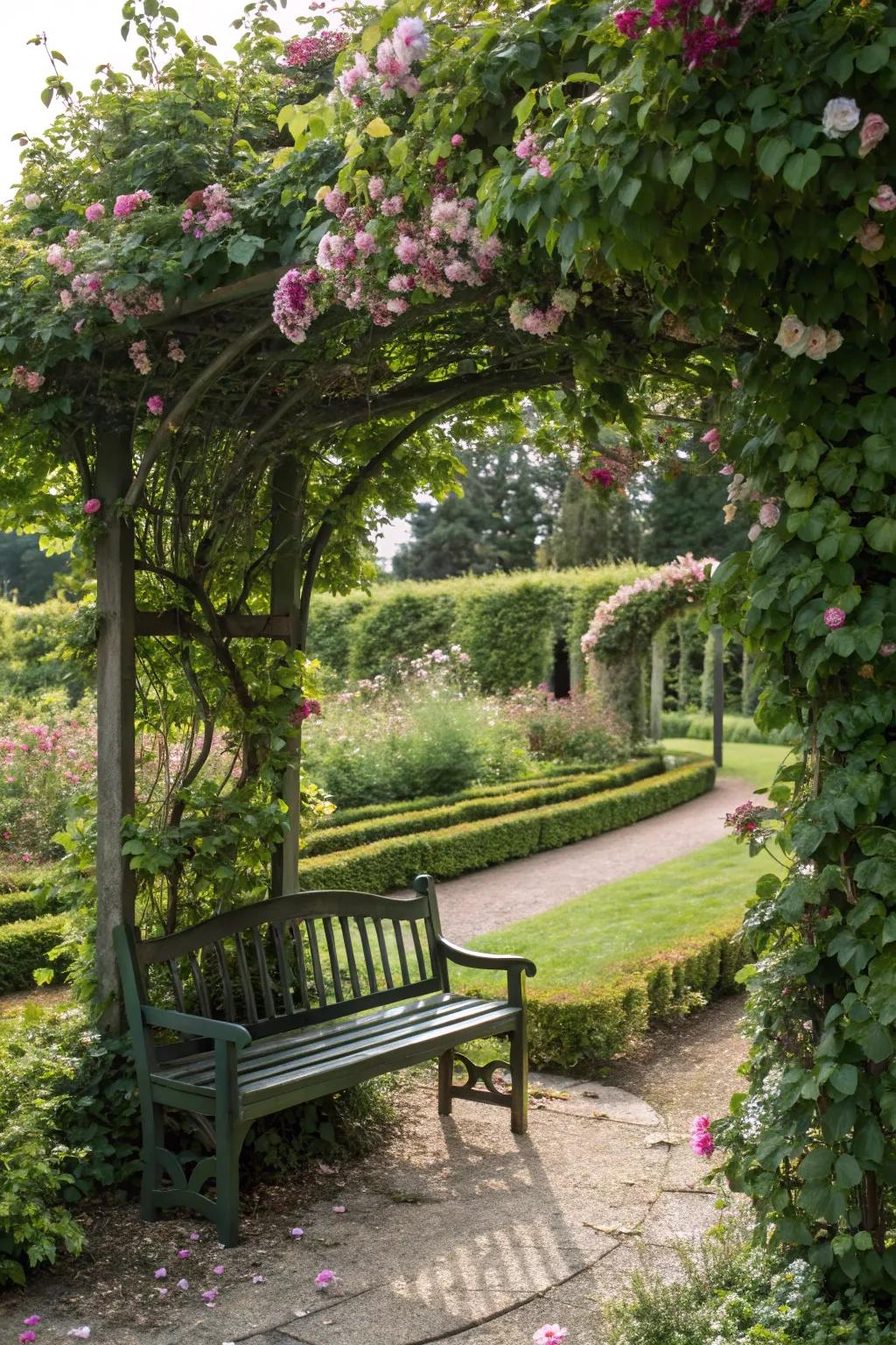 A secluded arbor bench, your own private retreat.