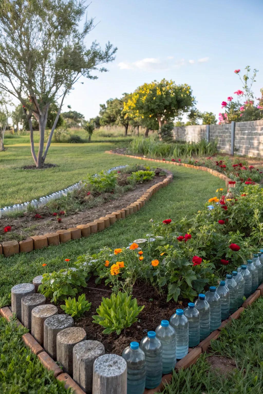 Recycled materials offer a unique and eco-friendly garden border.
