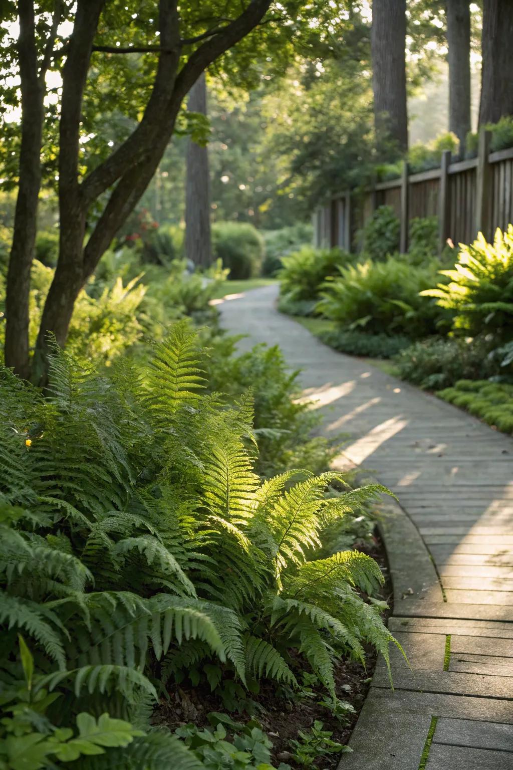 Ferns providing lush greenery in a shaded garden border.