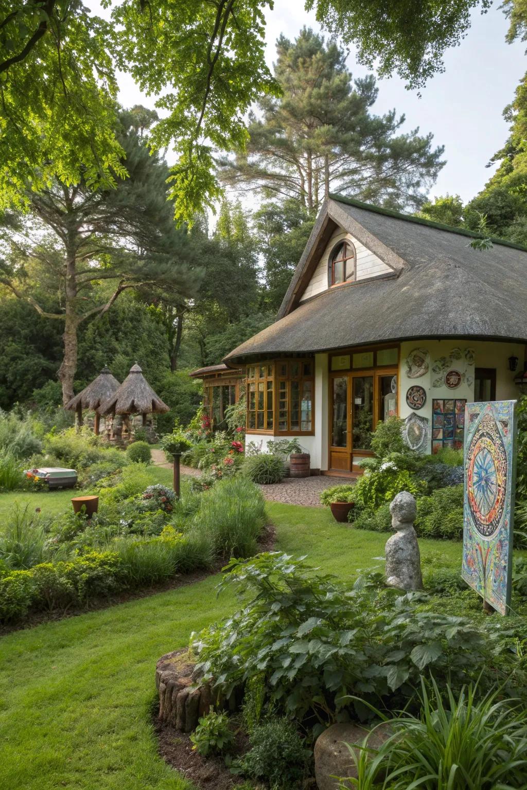 Art installations add a creative touch to this garden bungalow.