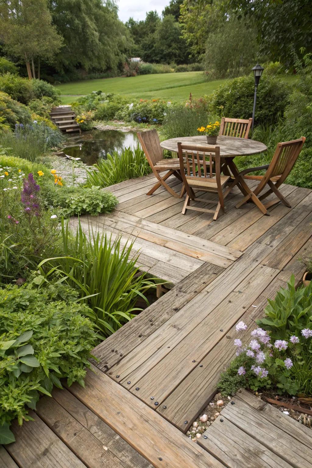 A deck with rustic charm using reclaimed wood materials.