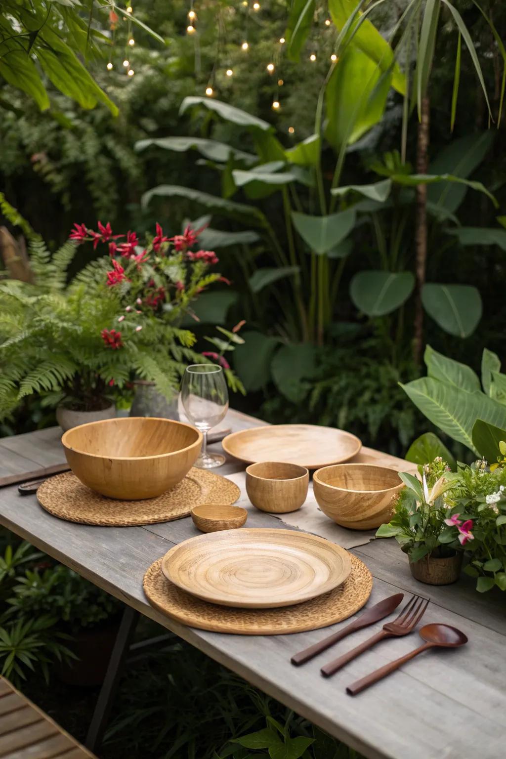 Chic and sustainable eco-friendly dinnerware for a garden dinner party.