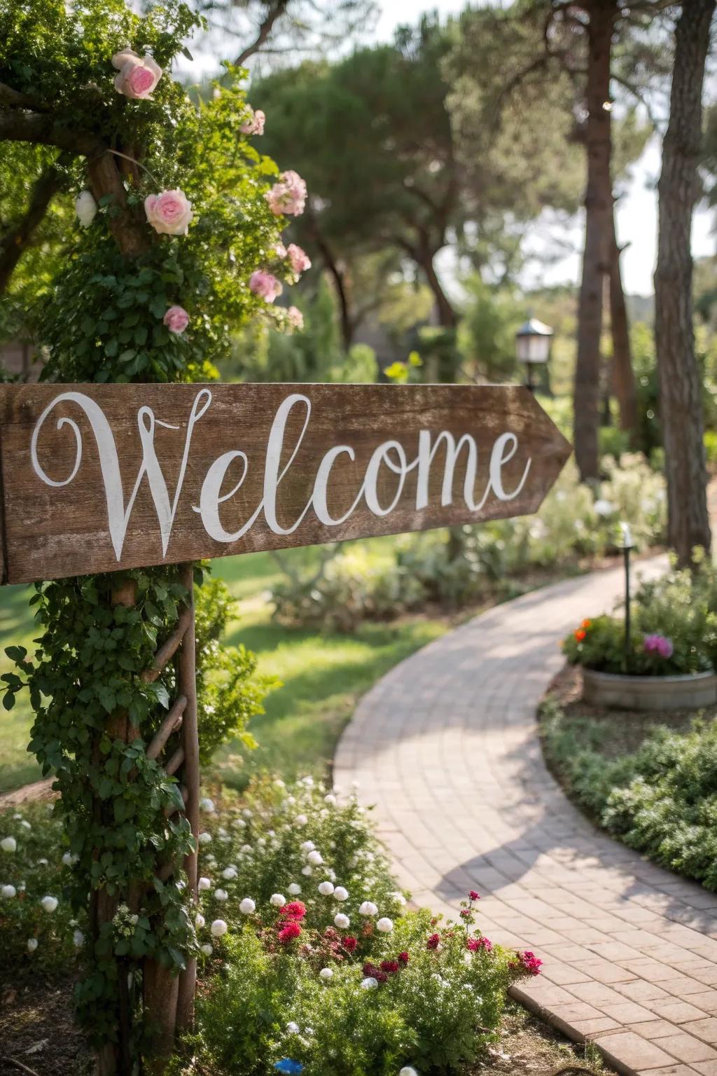 A personalized sign welcomes guests with a touch of humor and warmth.