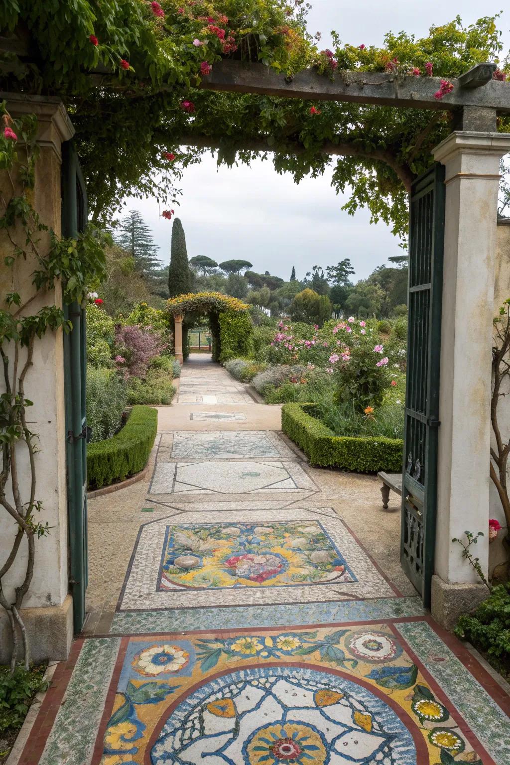 A mosaic path adds a vibrant and artistic touch to the garden entrance.