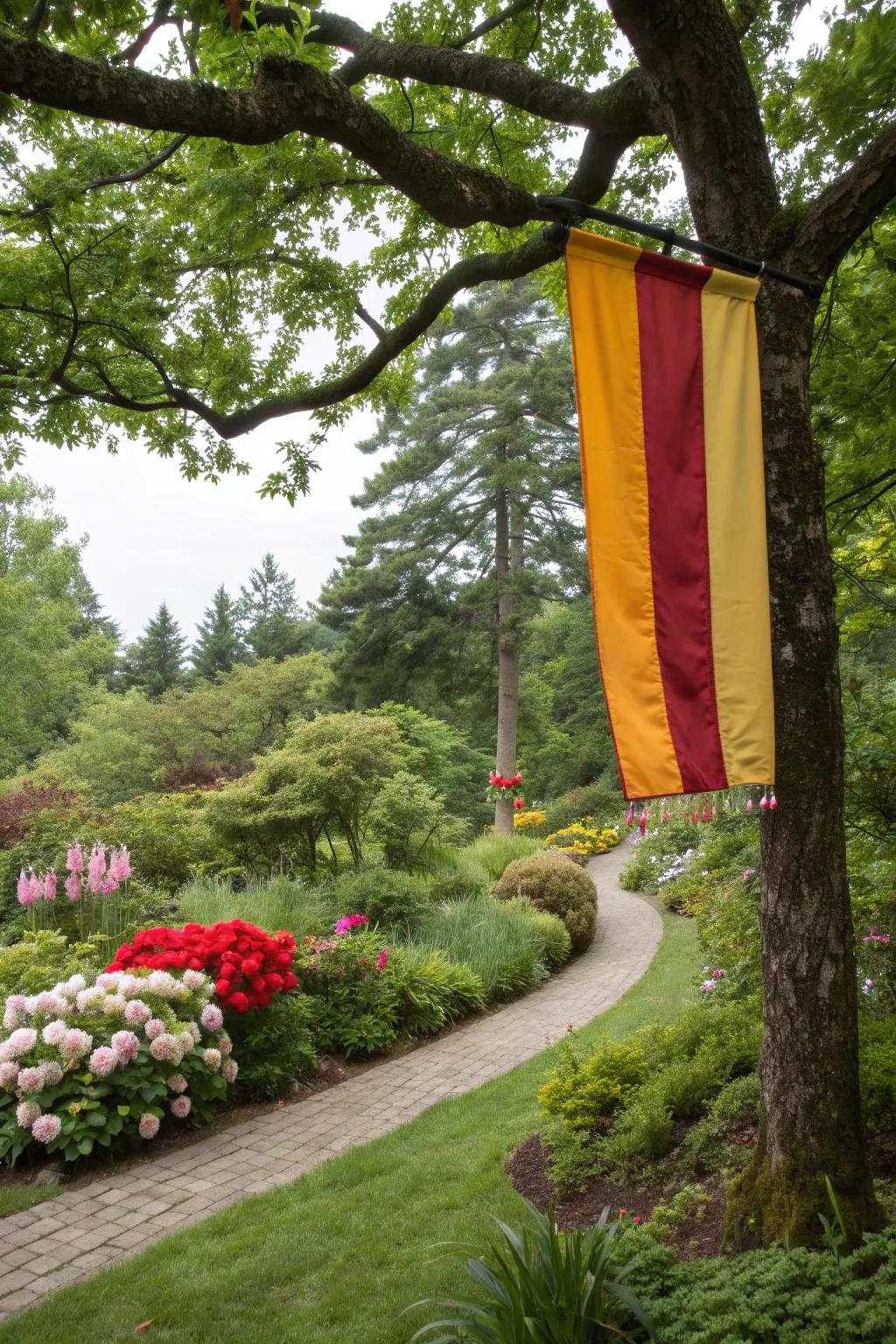 Flag swaying gently from a tree branch