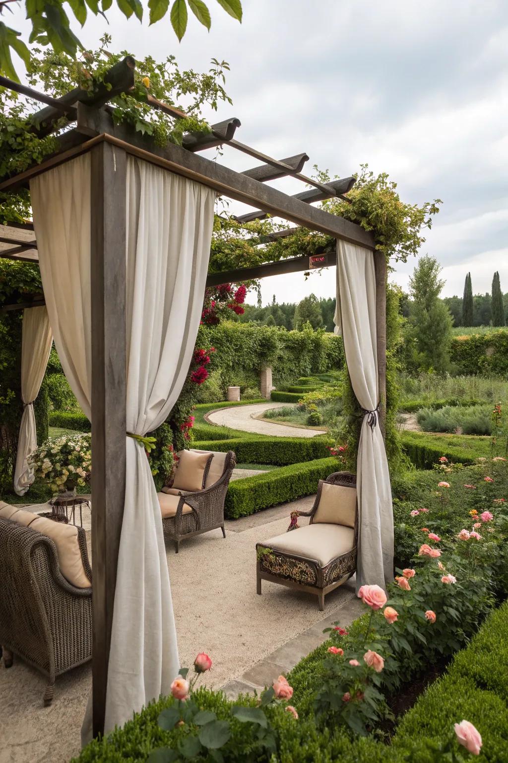 A pergola provides shade and structure in the garden.