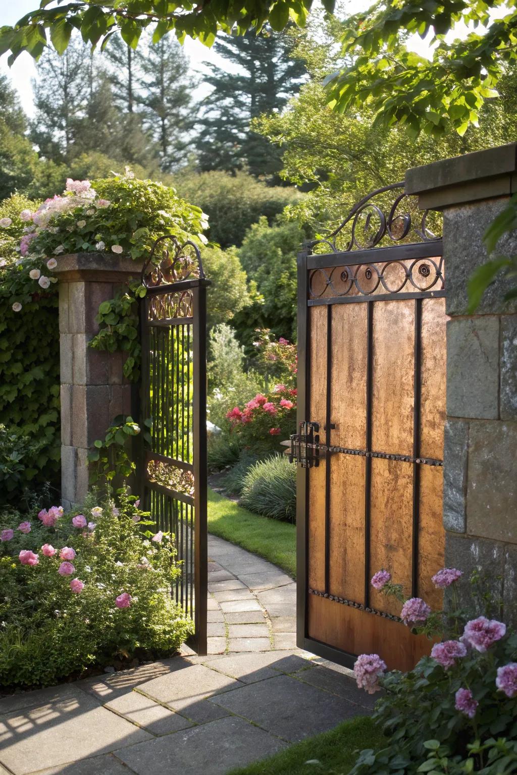 Copper accents add warmth and luxury to your garden gate.