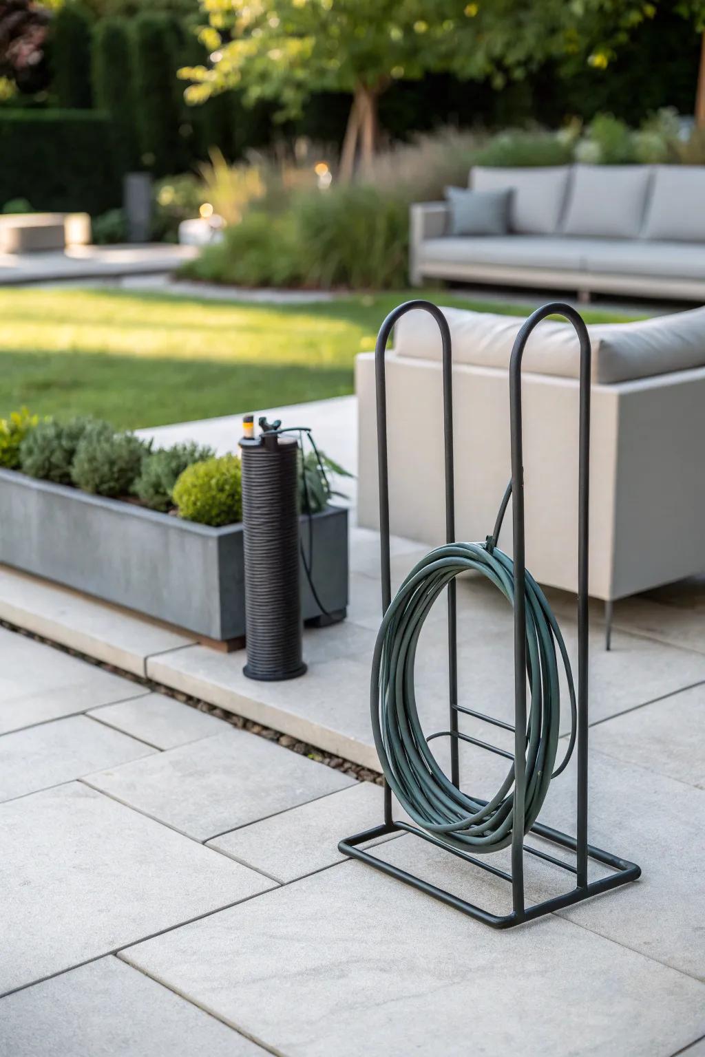 Metal stands offer a sleek and modern solution for hose storage.