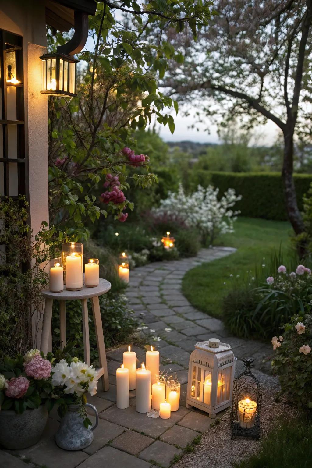 A romantic garden corner softly illuminated by clusters of candles.