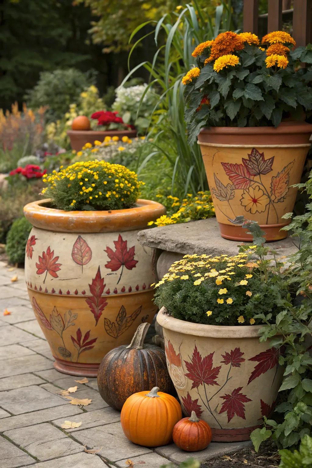 Seasonal pottery displays keep the garden dynamic and festive.