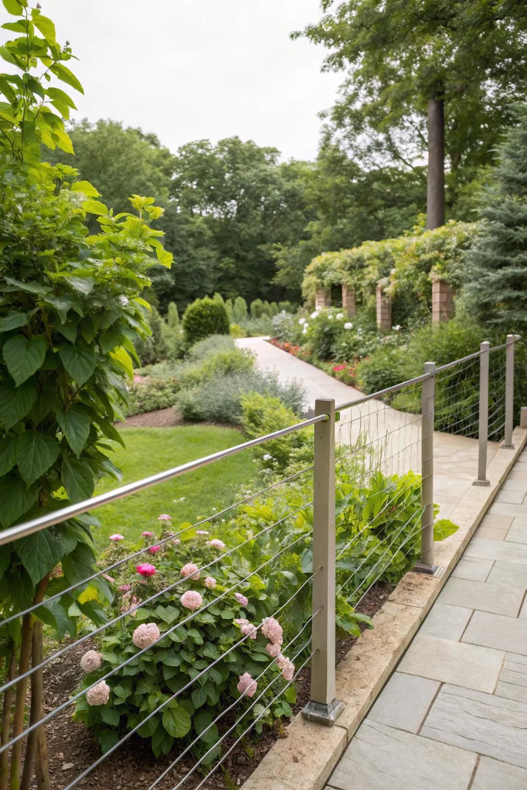 Wire railings provide understated elegance in a minimalist garden setting.