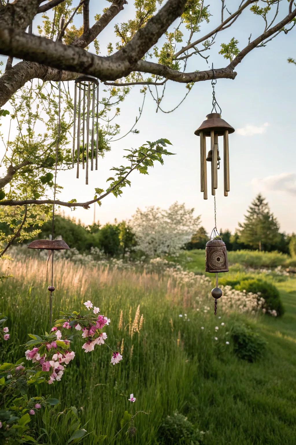 Wind chimes adding melodic charm to the garden.