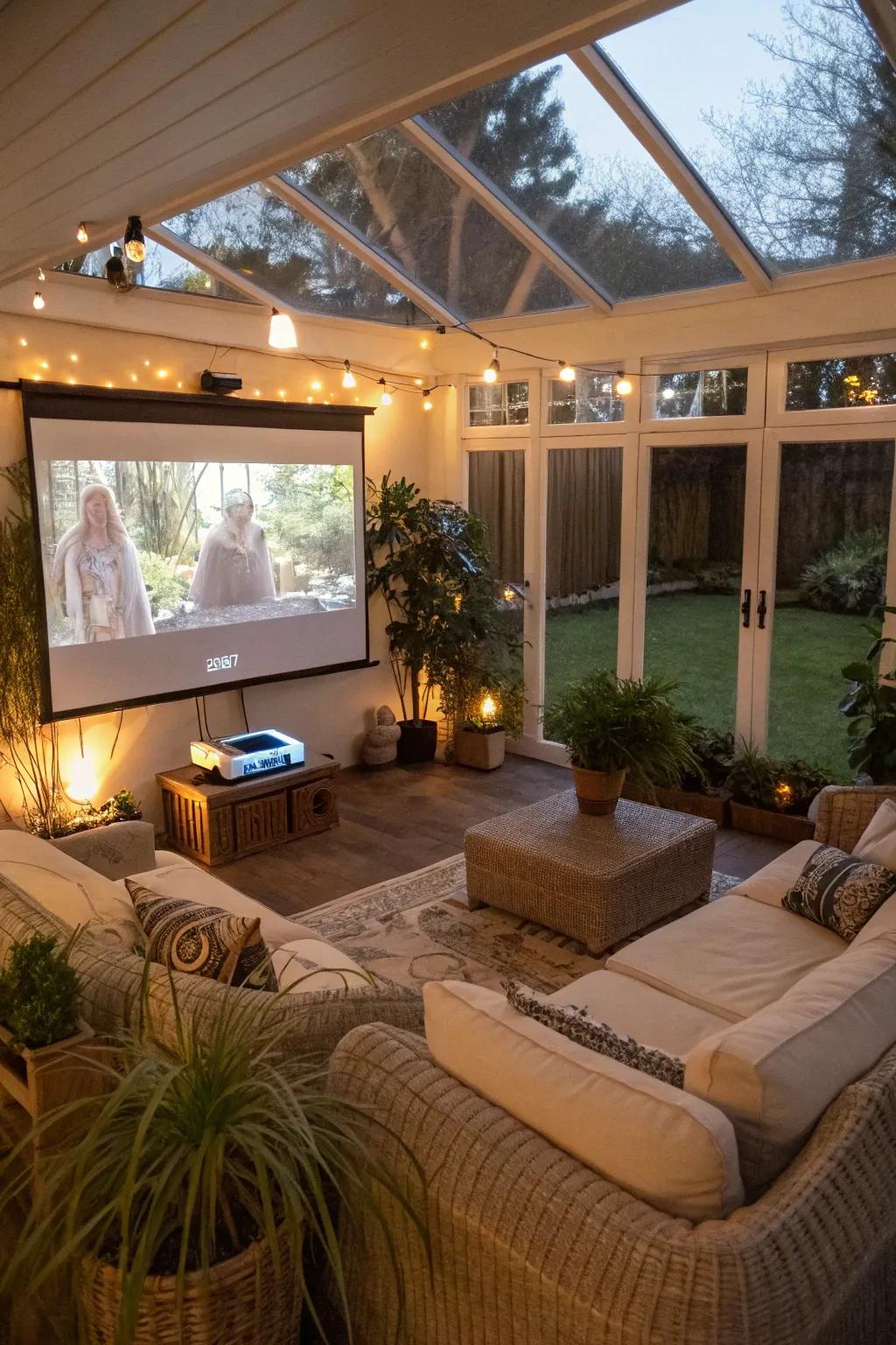 An entertainment zone in a garden room for movie nights.