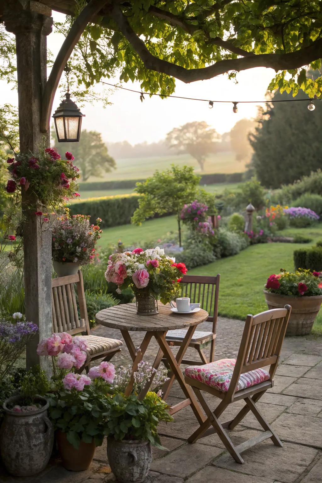 A charming cottage-style garden seating area full of character.