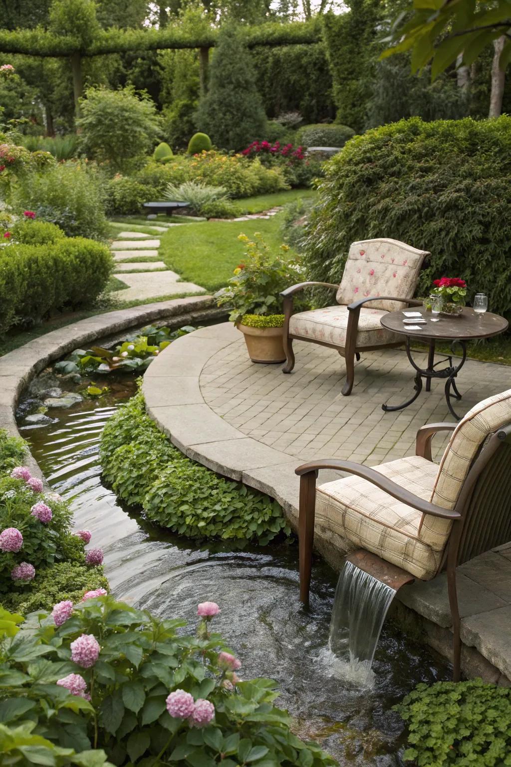 A water feature provides a calming backdrop to your garden retreat.