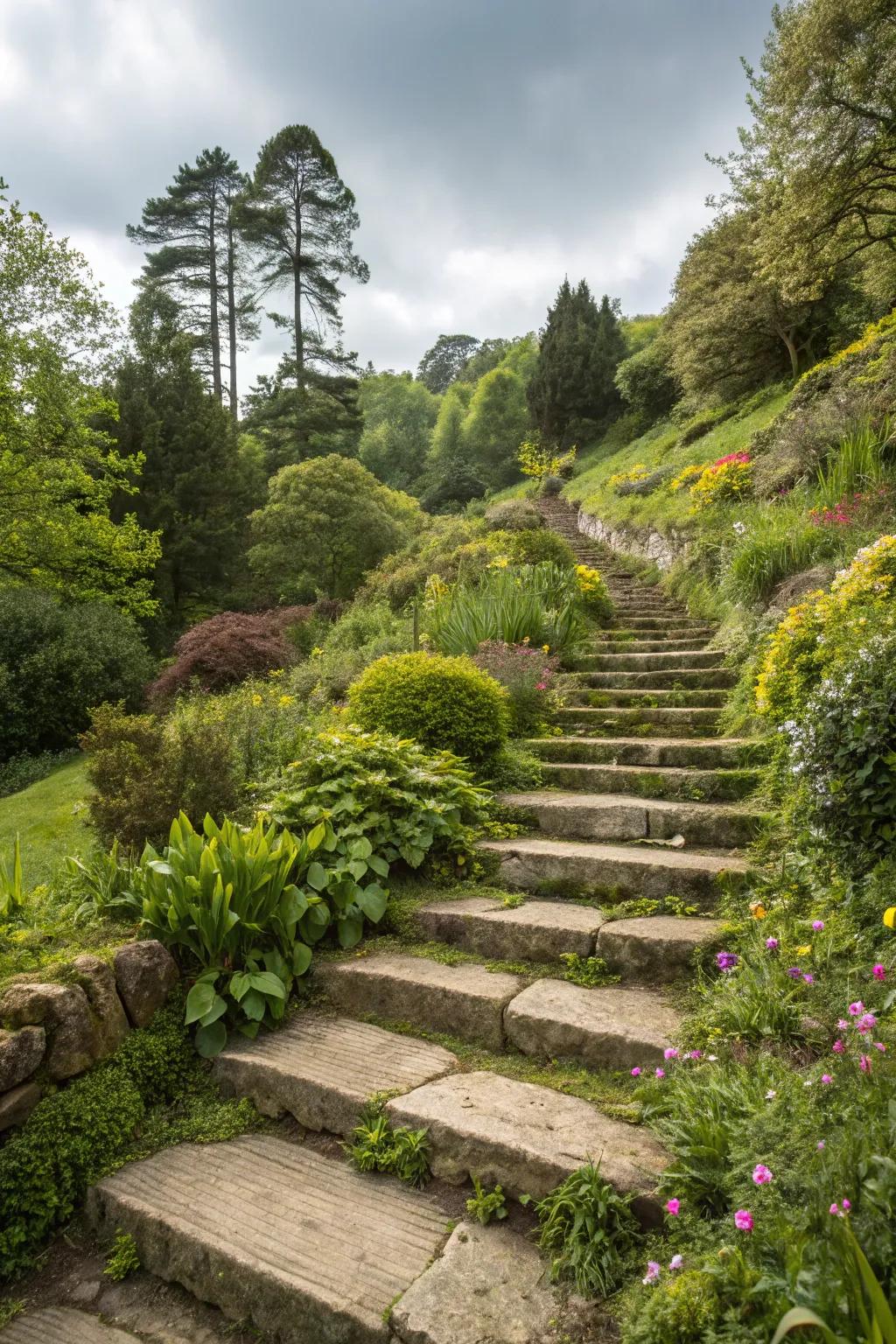 Elegant terraced stone steps enhancing the garden's slope.