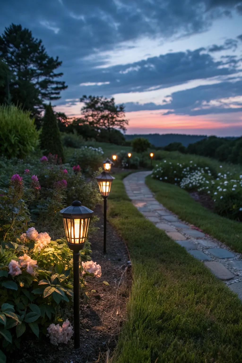 Enchanting solar-powered garden stakes lighting up the garden at night.