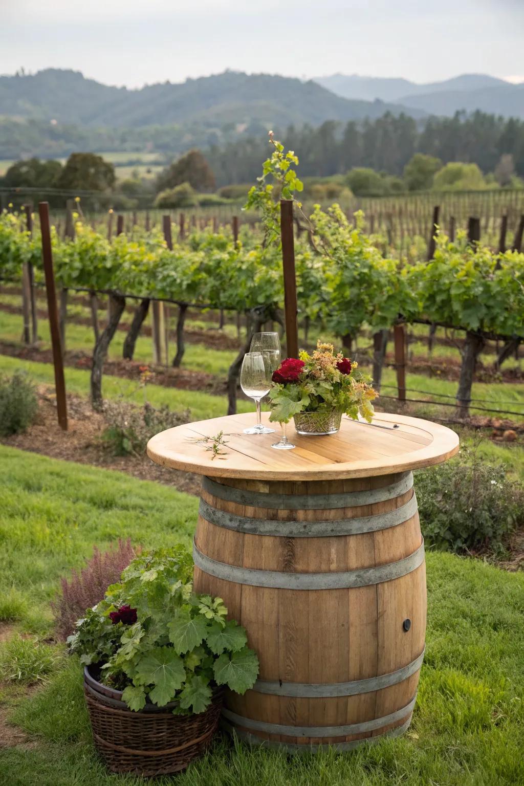 A charming wine barrel table, perfect for rustic garden gatherings.