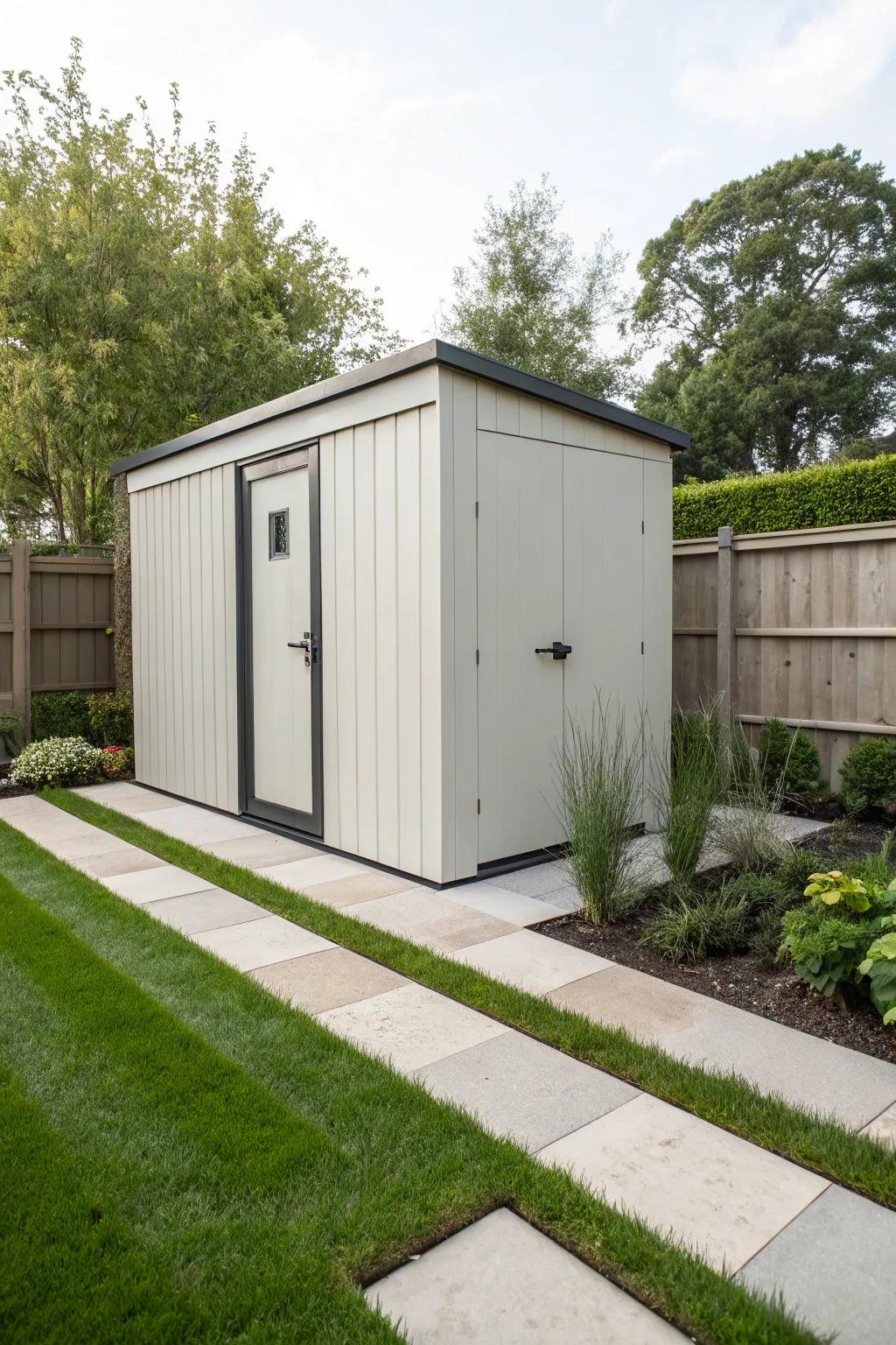 A sleek and modern garden tool shed.