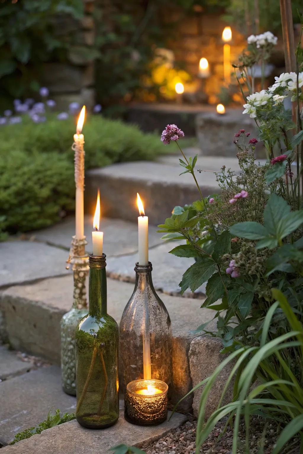 Vintage glass torches add character and charm to gardens.