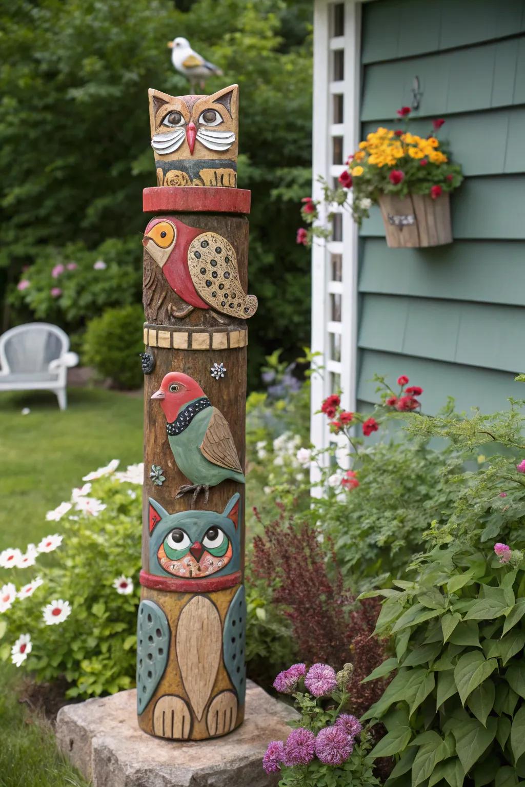Animal-themed totems infuse gardens with whimsy and fun.