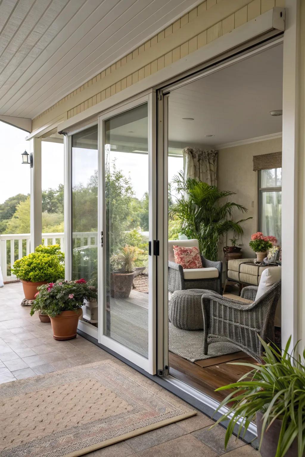 Sliding glass doors seamlessly connect a veranda with indoor spaces.