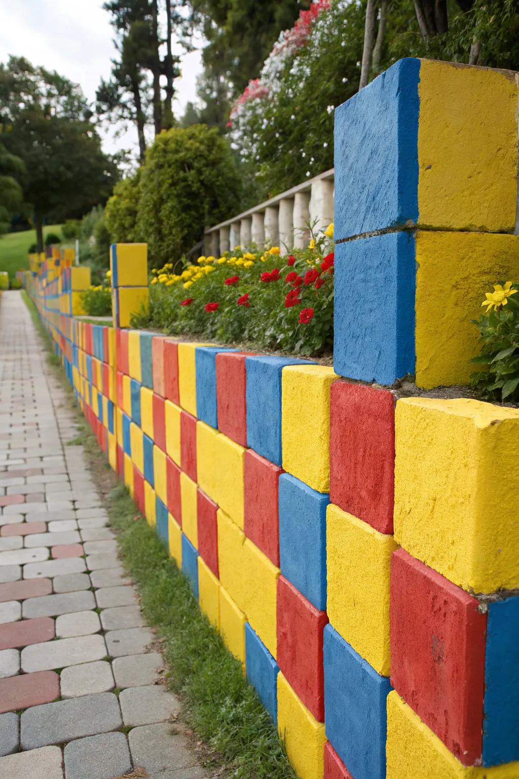 Painted concrete blocks add a playful, colorful touch to garden walls.