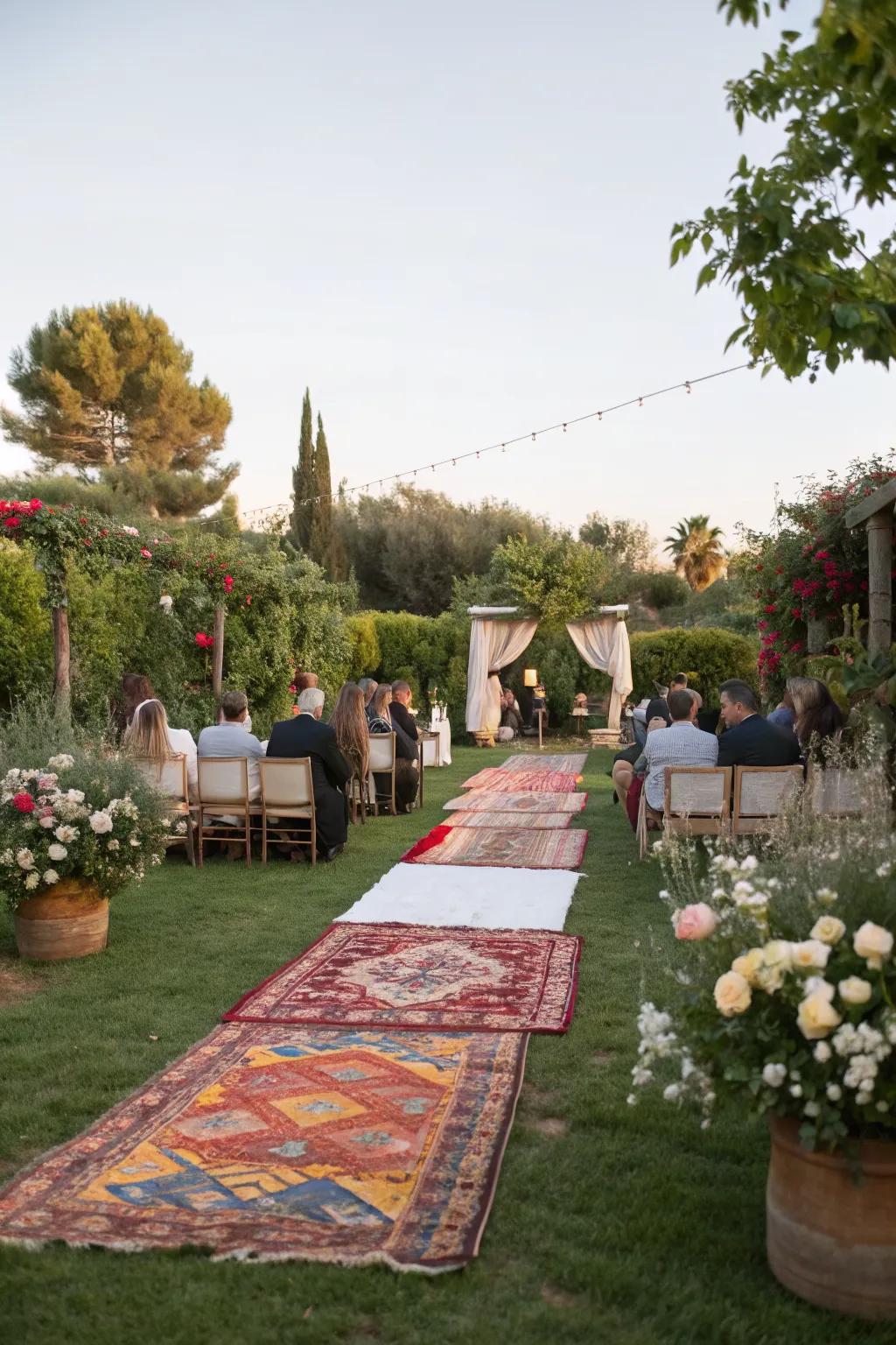 Outdoor rugs adding warmth and style to the garden wedding setting.