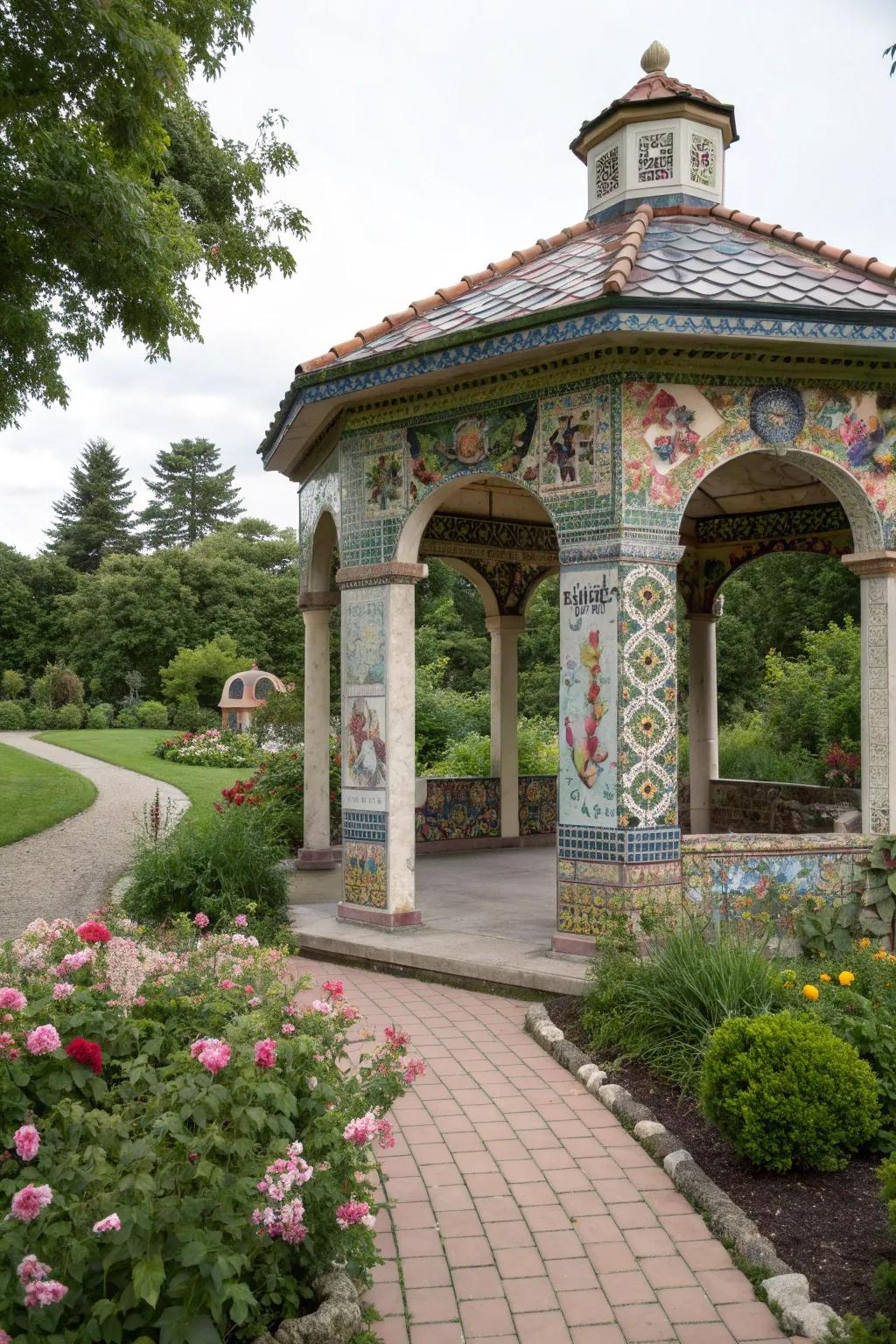 Add artistic flair with vibrant mosaic tiles on your gazebo.