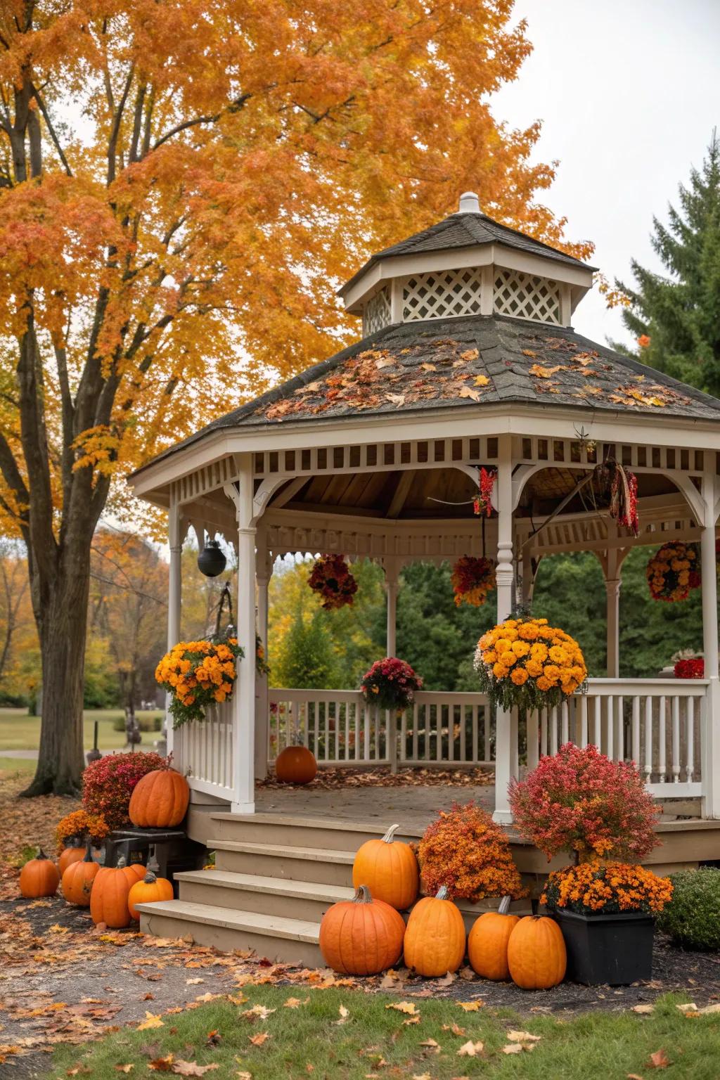 Seasonal decorations adding warmth to a gazebo party during fall.
