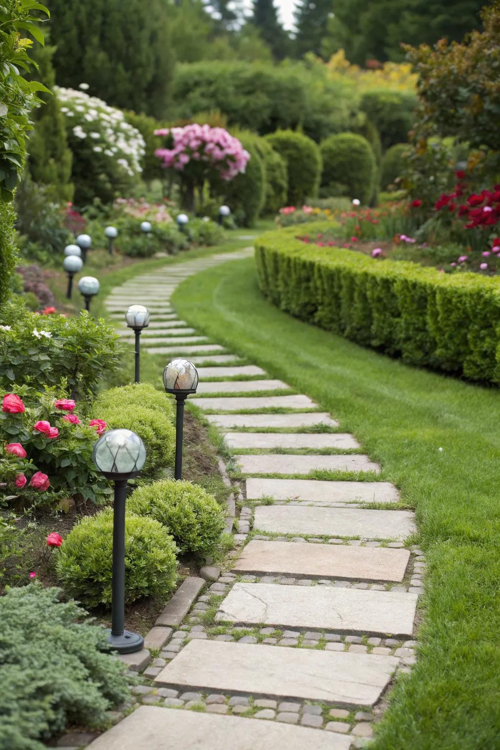 Stepping stones with gazing balls create a magical garden pathway.