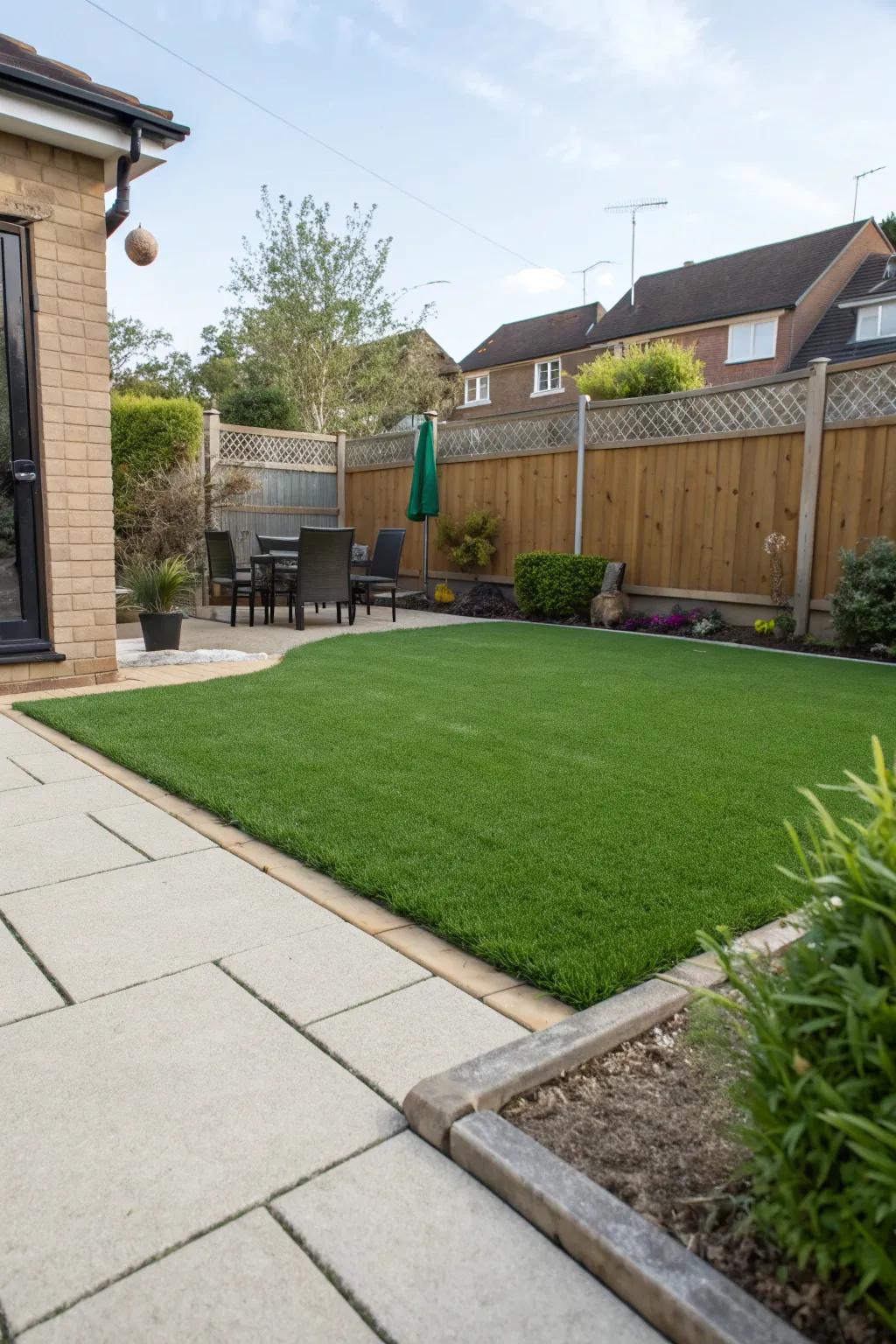 Artificial turf providing a lush lawn without the upkeep.