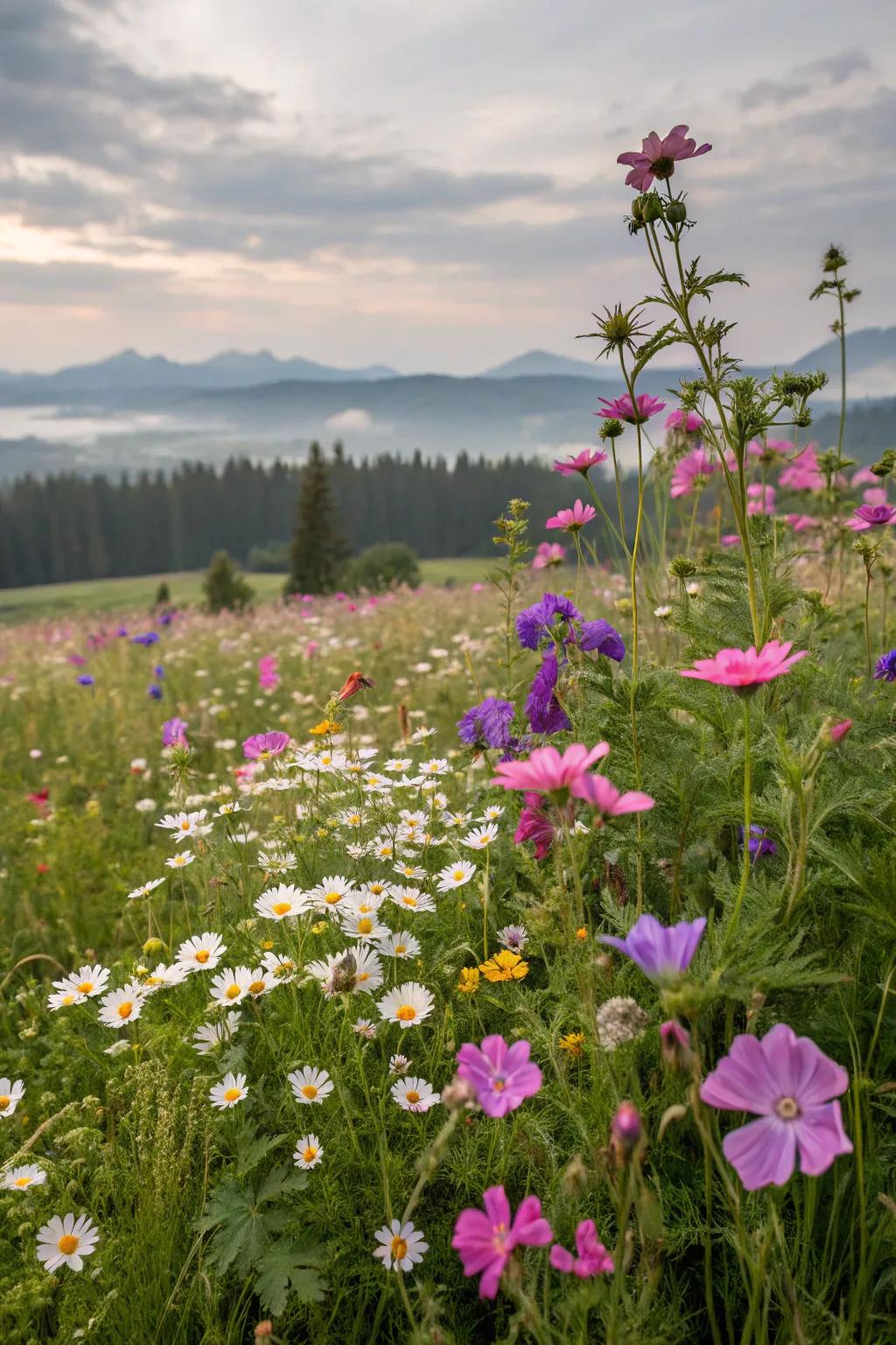 A natural meadow with geraniums blending seamlessly with wildflowers.