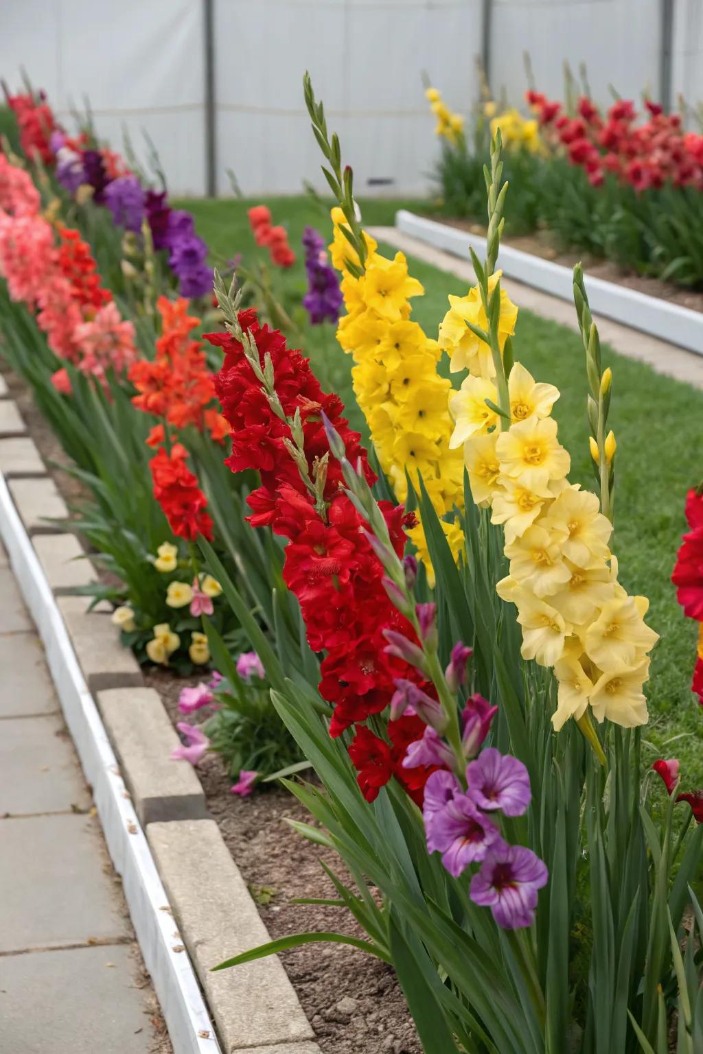 Color blocking with gladiolus creates a bold garden statement.