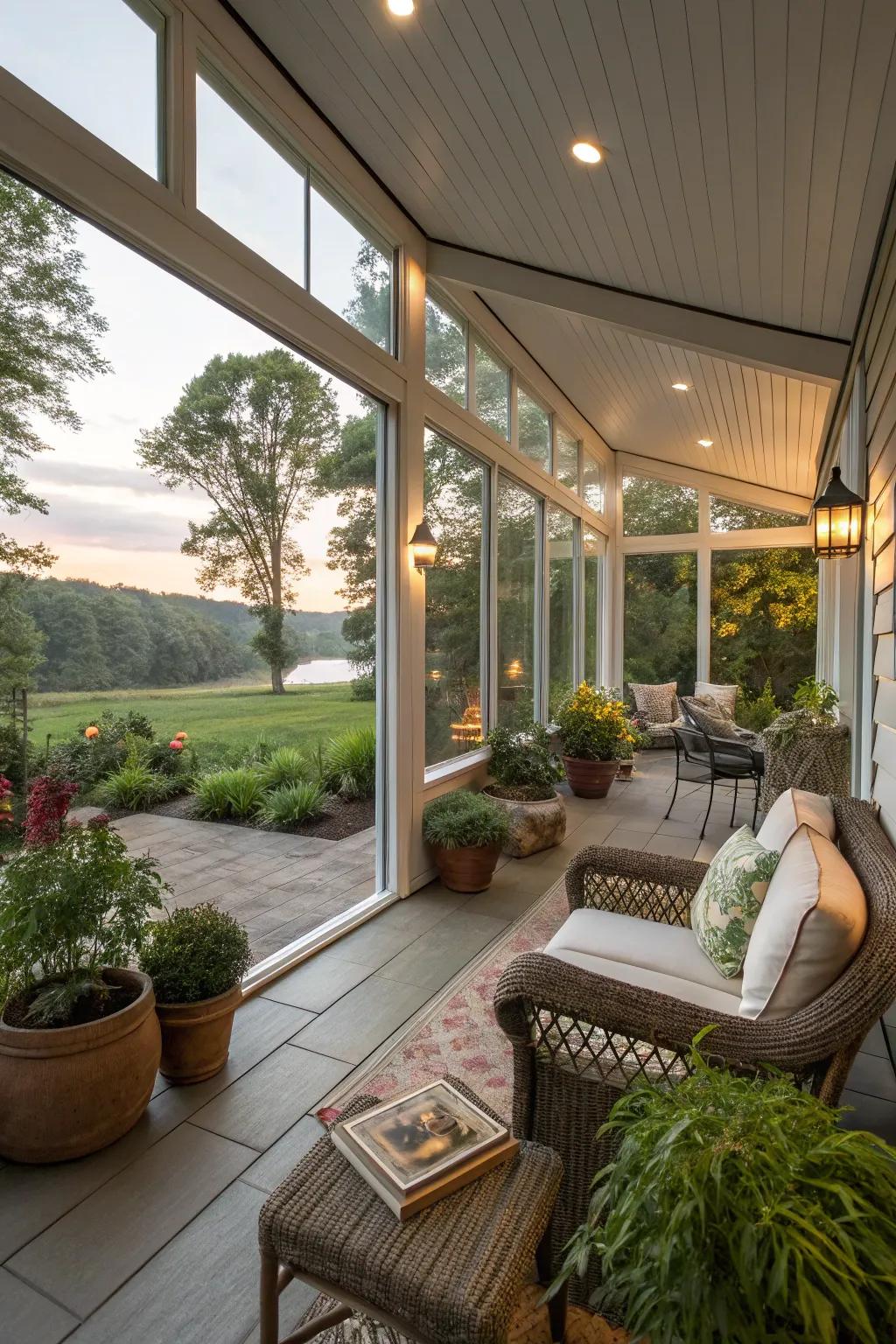 A glass porch designed for a seamless indoor-outdoor living experience.