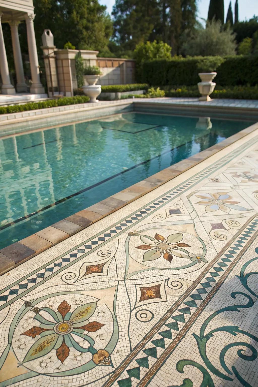 Vintage-inspired tiles bring nostalgic elegance to your pool.