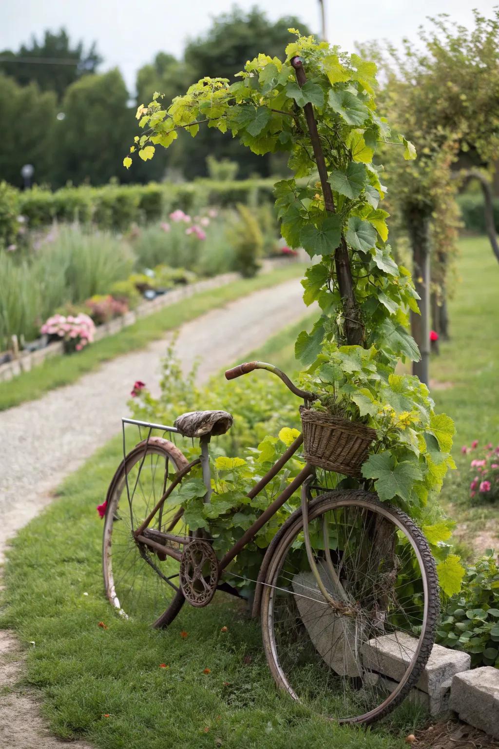 An upcycled bicycle trellis adding a playful touch to the garden.