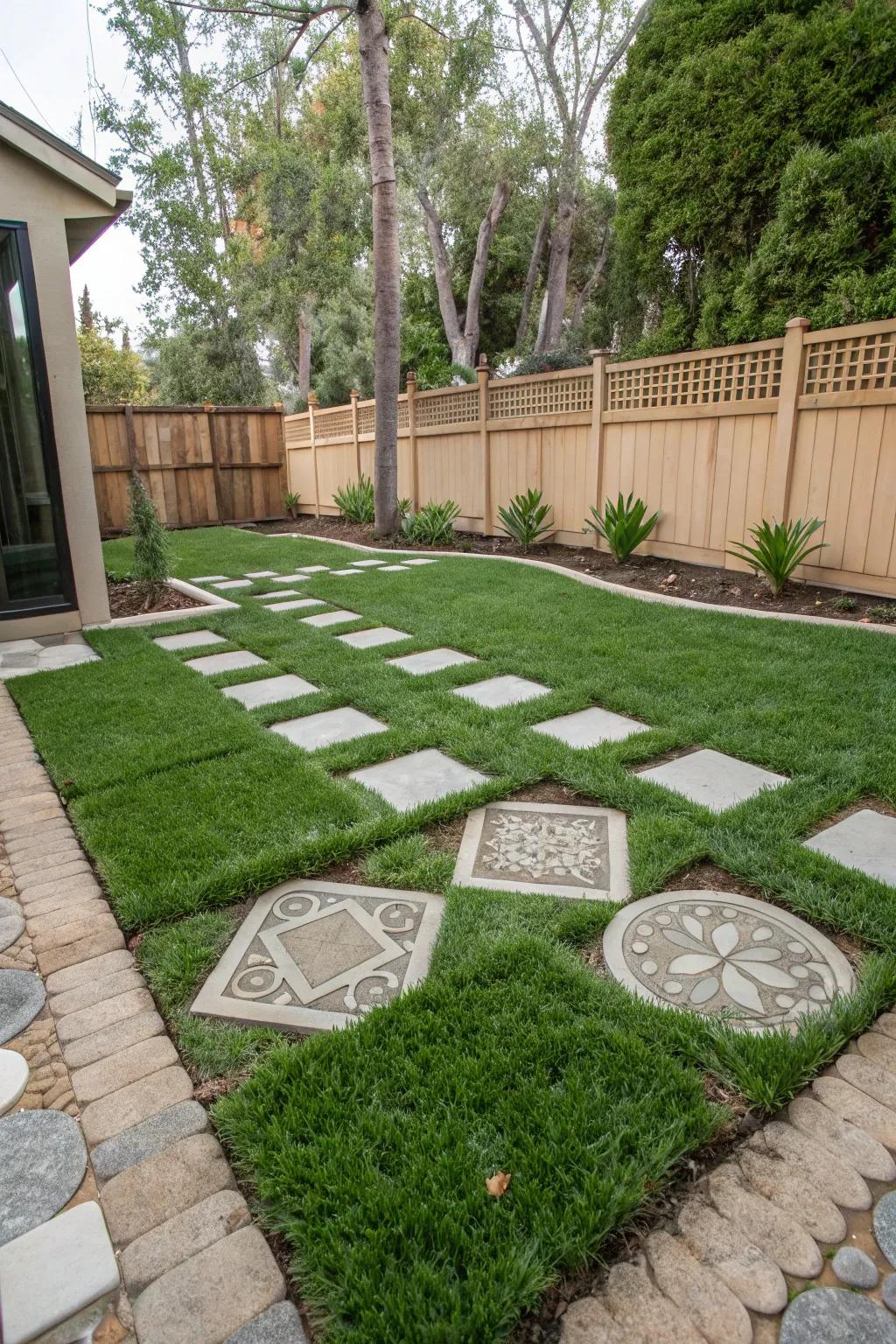 Surprise with creative layouts using unexpected shapes of grass and pavers.