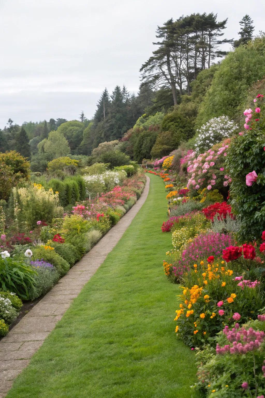 Seasonal flowers lining a grass walkway for colorful charm.