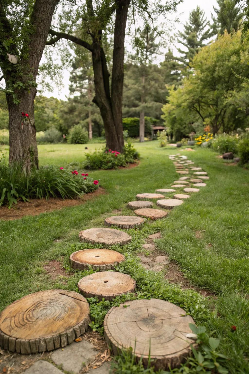 A grassy path complemented by rustic wooden discs.