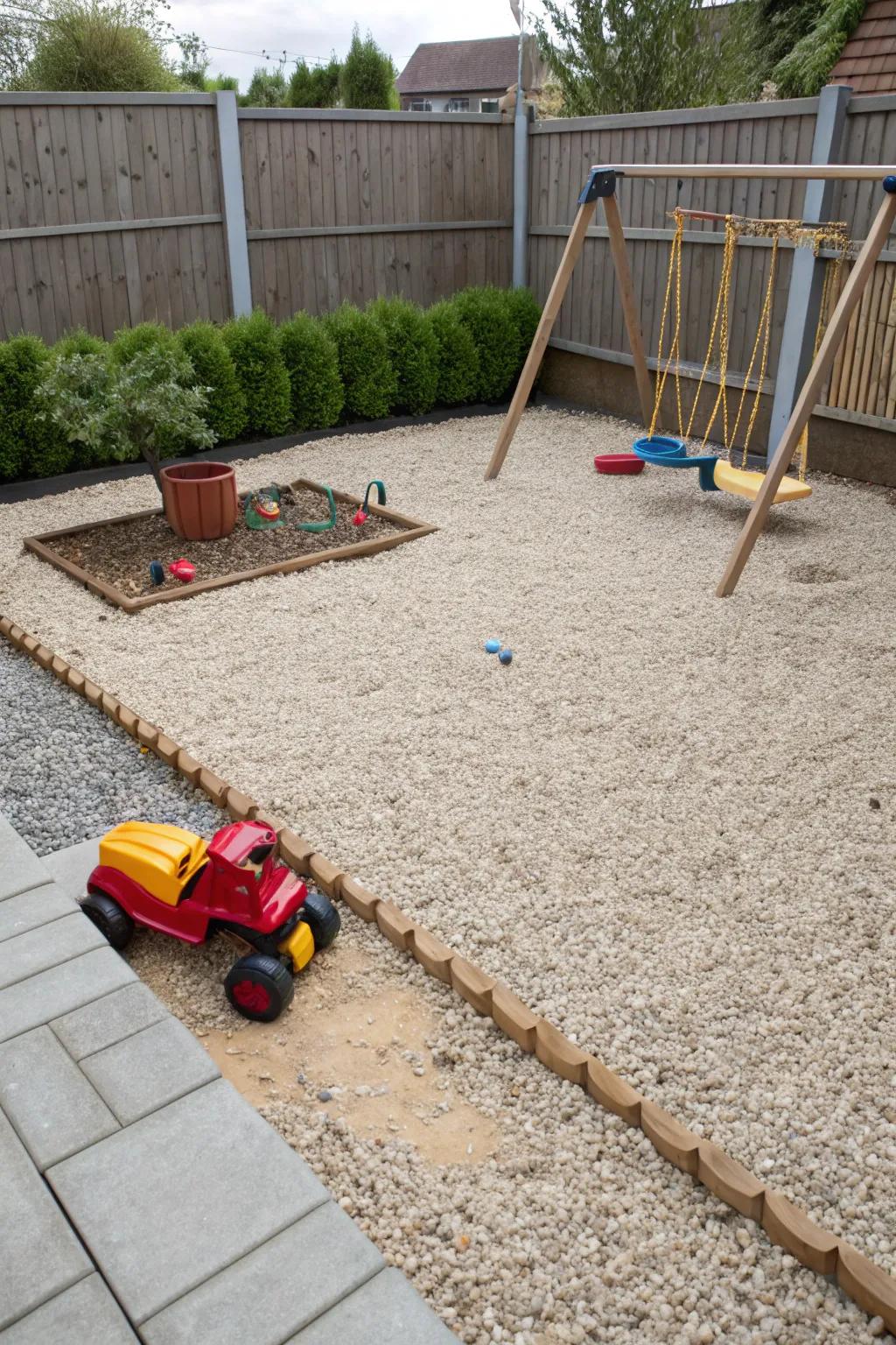 A safe play area designed with gravel.