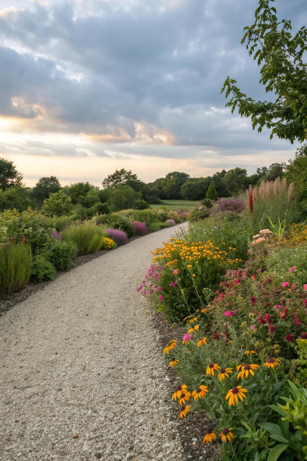 A rain garden beautifully managing runoff beside a driveway.