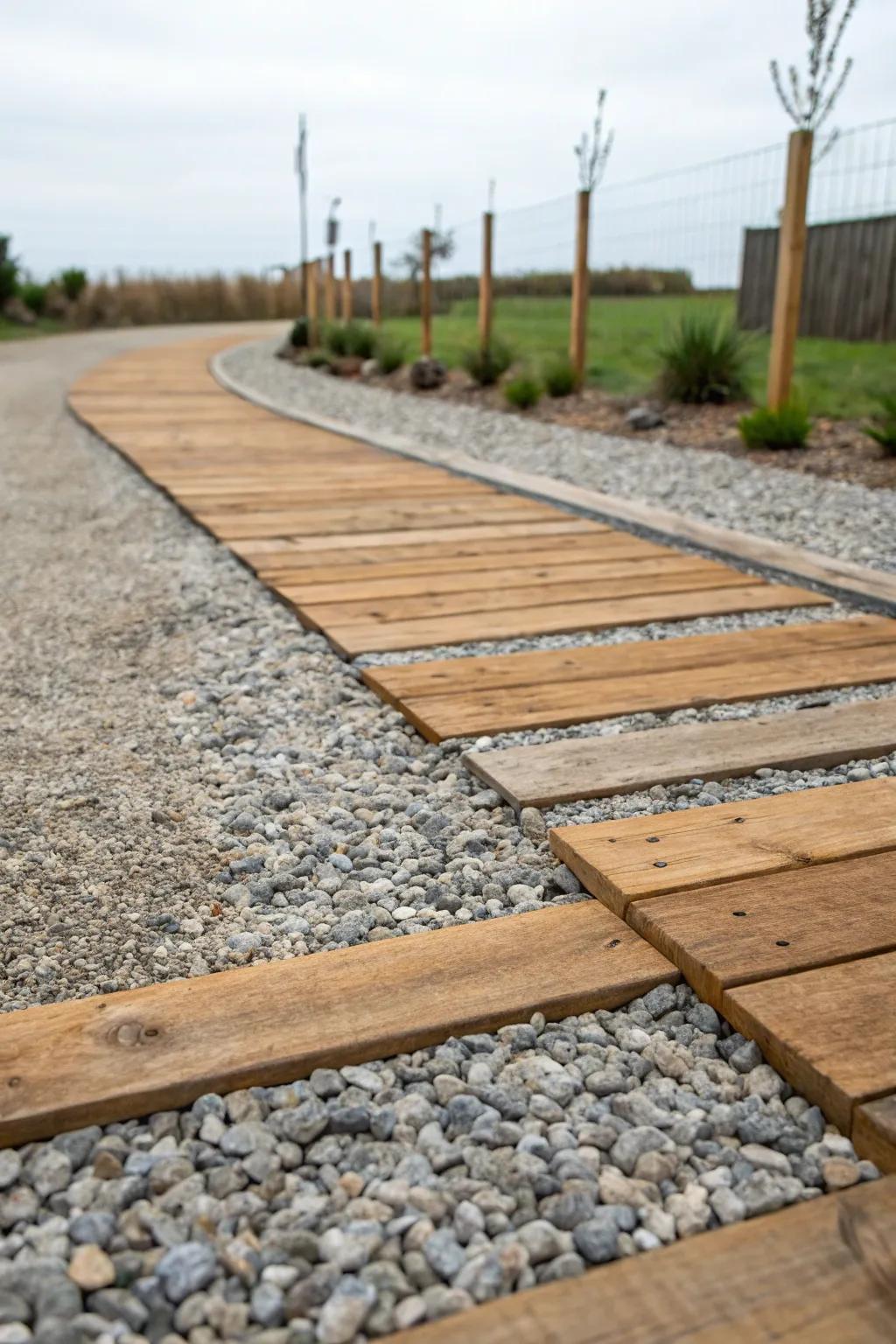 A gravel driveway with a harmonious blend of wood and gravel.