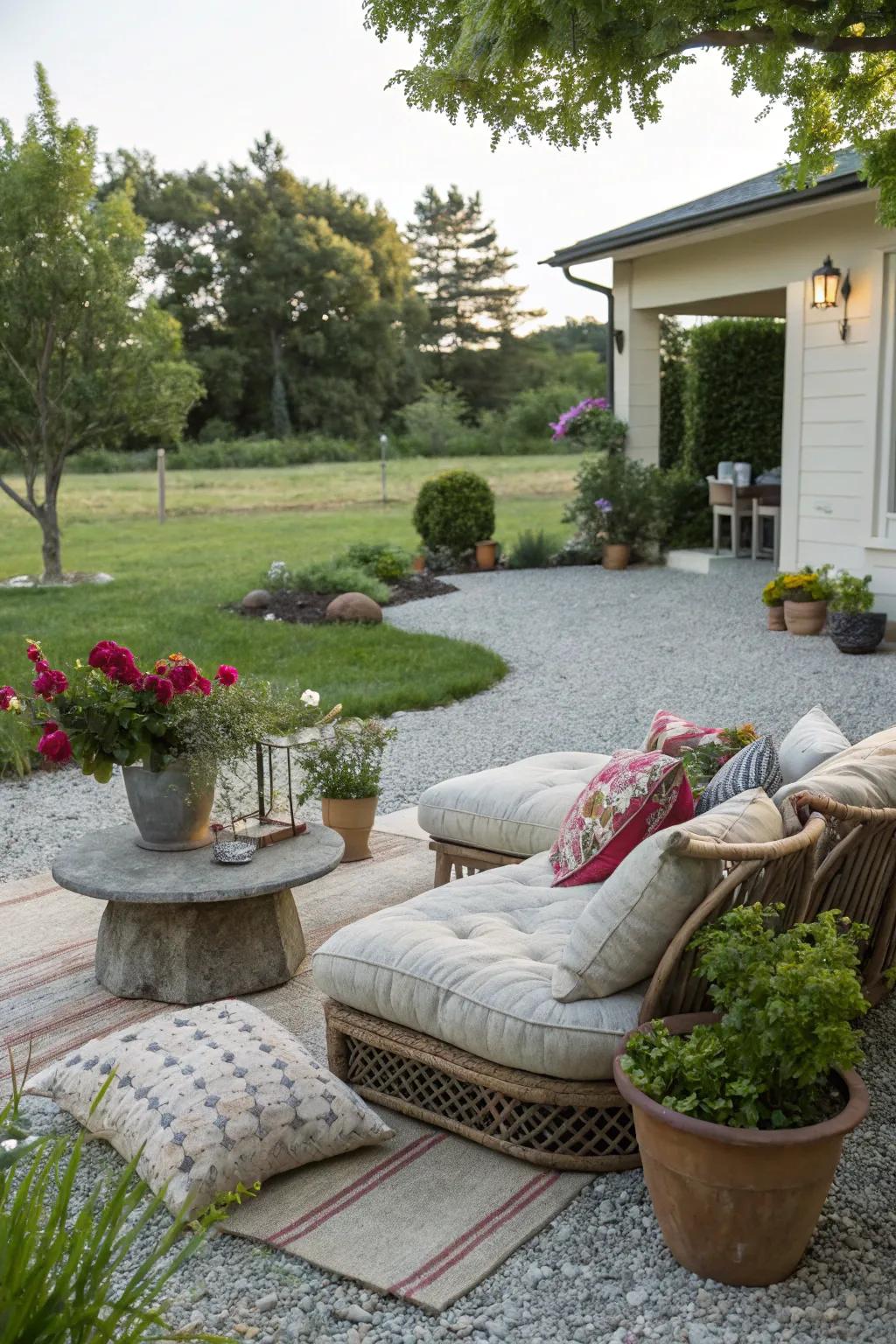 Relax in a gravel-covered seating area.